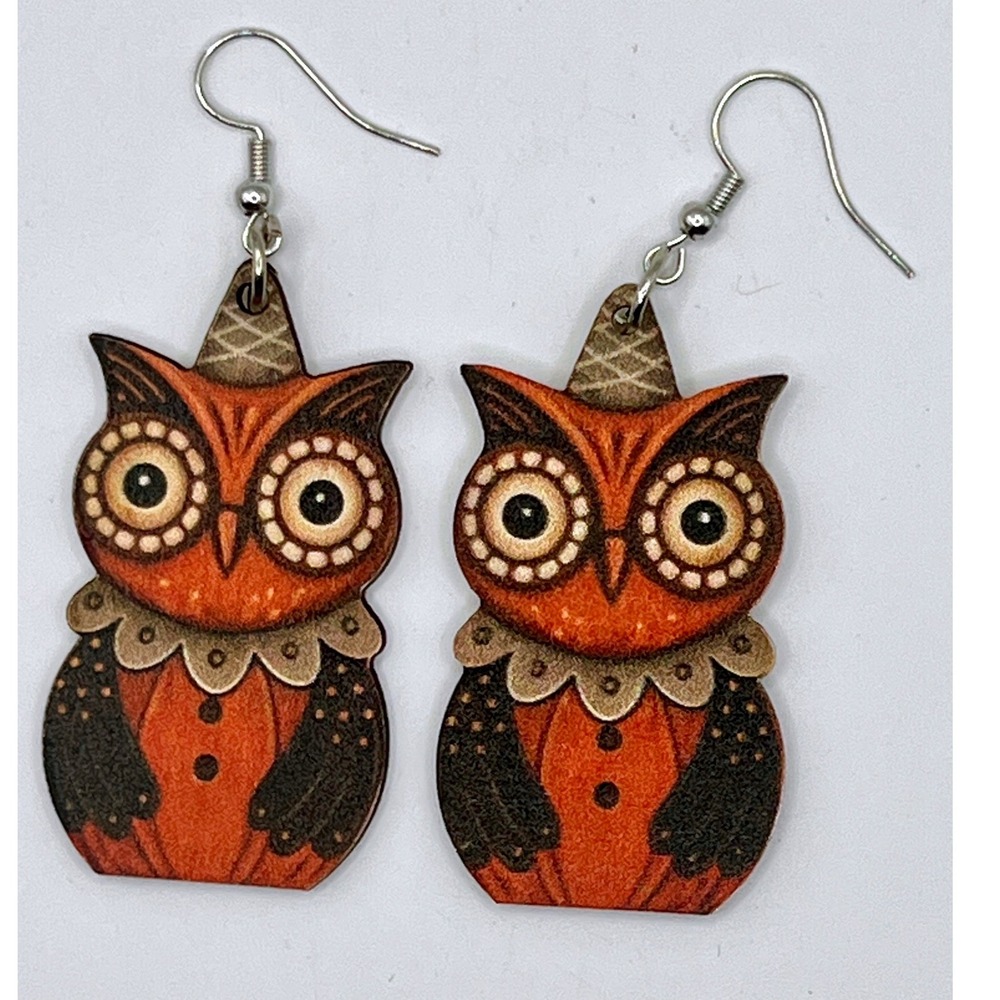Unbranded Owl Pumpkin Earrings OS Orange Excellent Wood Drop Dangle Halloween